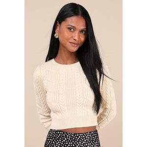 Lulus Cuddly Contentment Cream Cable Knit Cropped Sweater White - Size M